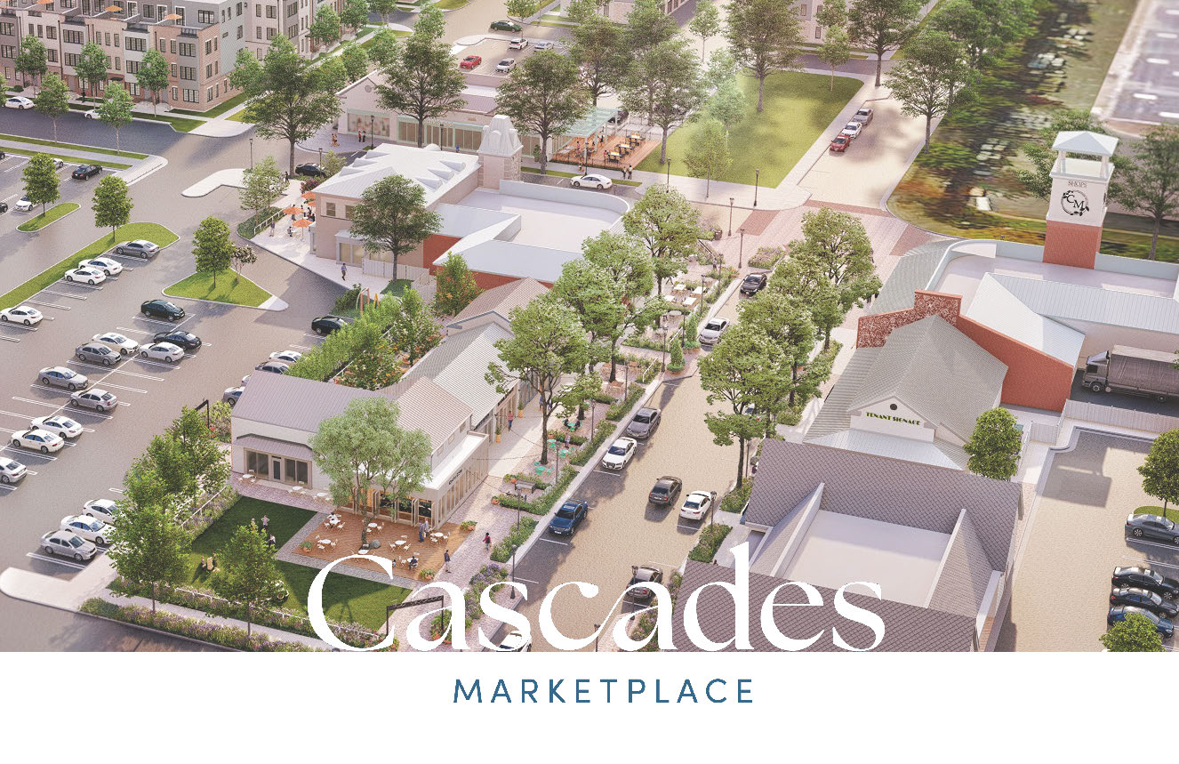 Rendering of retail stores. People are walking on walkway out front. There is also tables open  beside the walkway