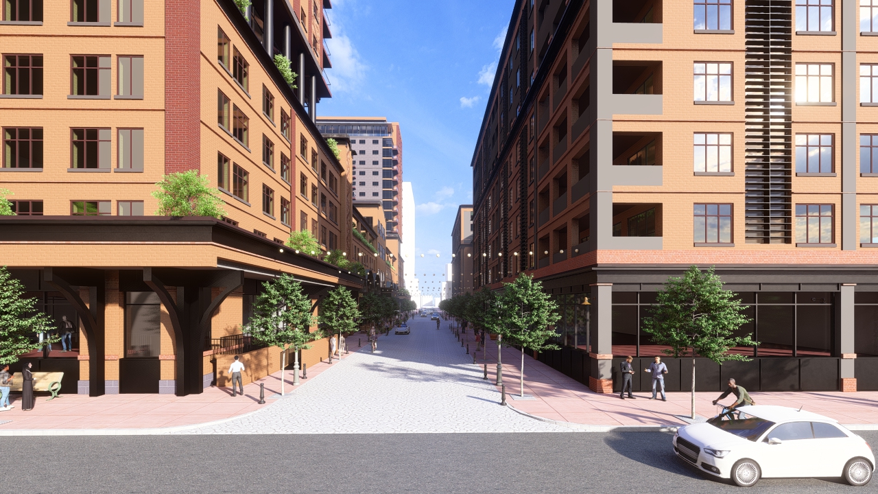 Rendering of the Holland Gardens tower entrance and streetscape