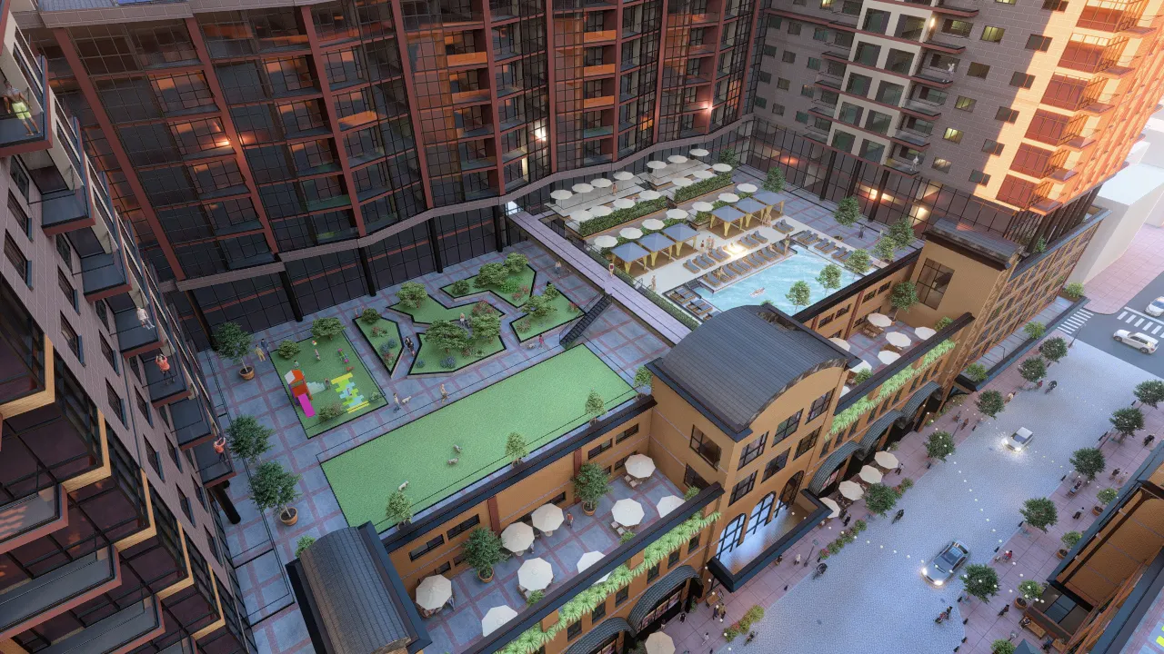 aerial view of holland gardens rendering showing balcony with patio. 