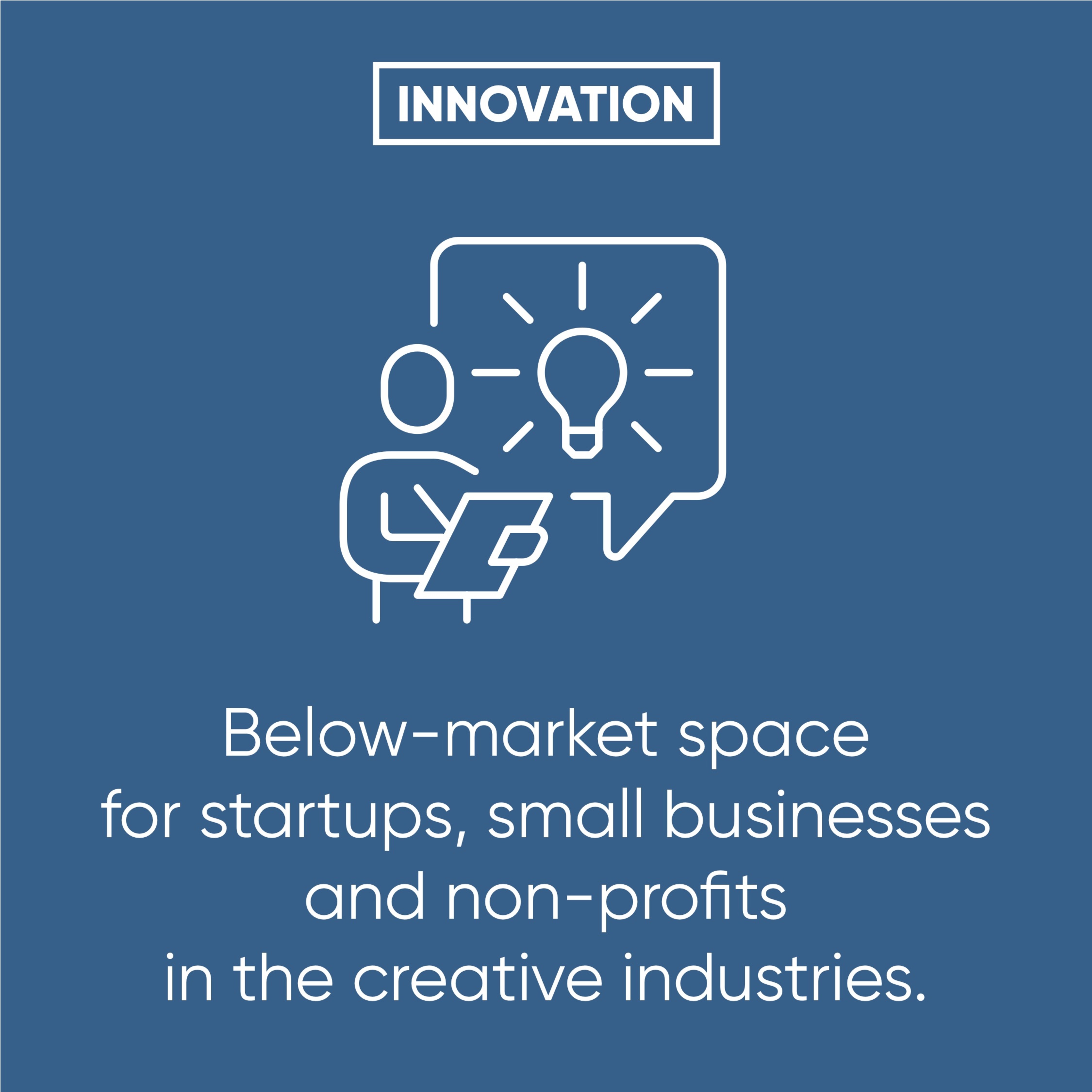 Infographic text: Innovation. Below-market space for startups, small businesses and non-profits in the creative industries.