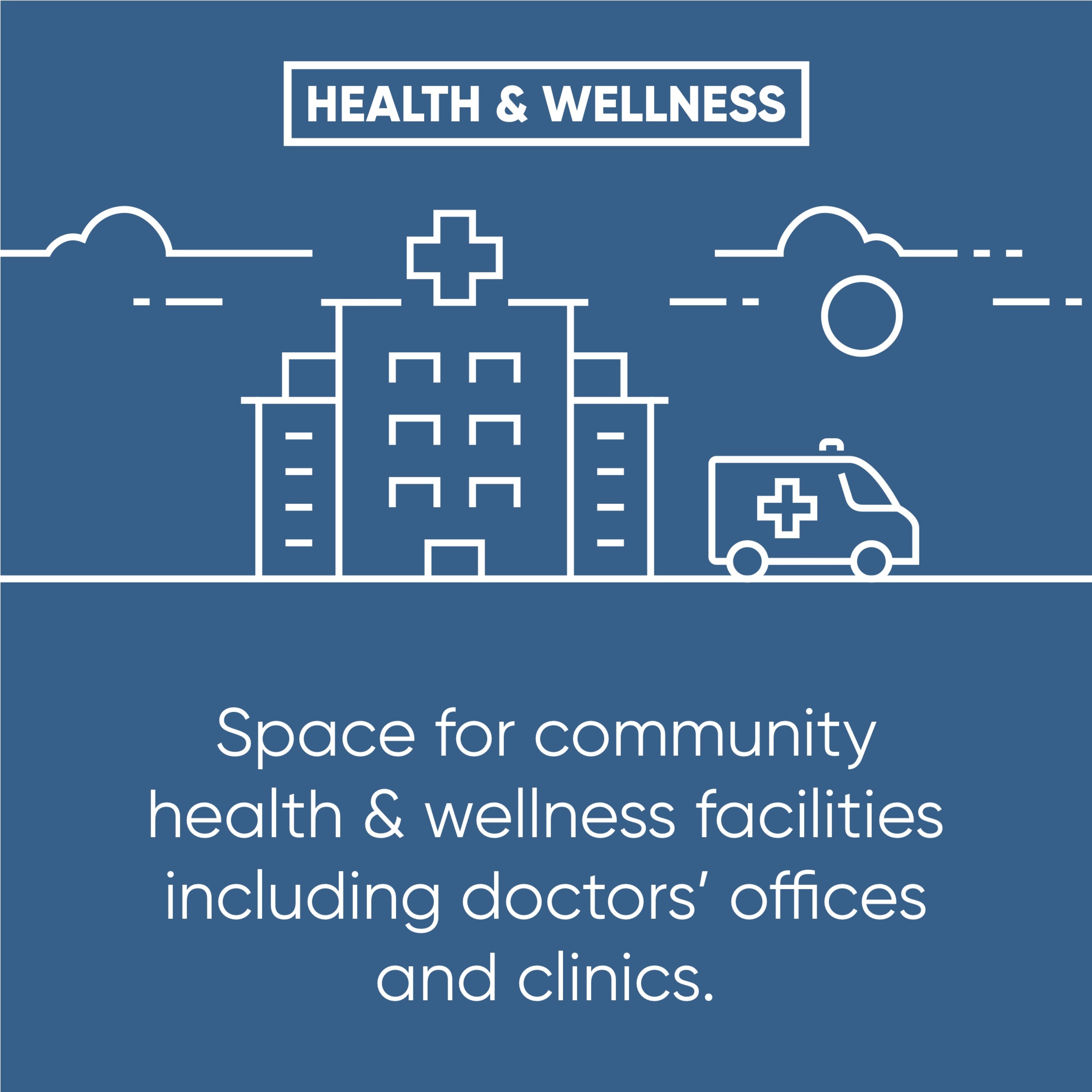 Infographic text: Health & Wellness. Space for community health & wellness facilities including doctors' offices and clinics.
