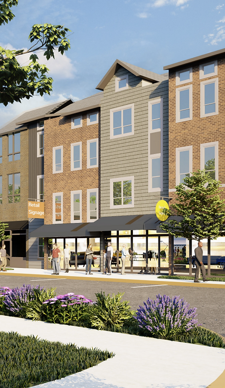 rendering of new building with people standing on the sidewalk