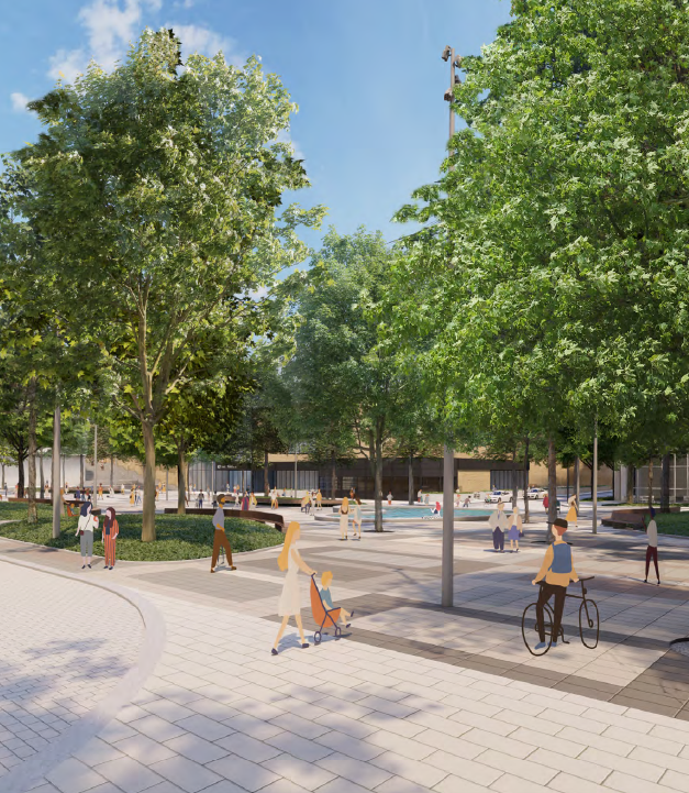 rending of ground level view of open space park. Many trees and people walking. 