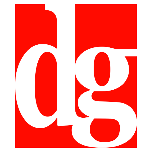Square logo with red background and white lower case letters d and g