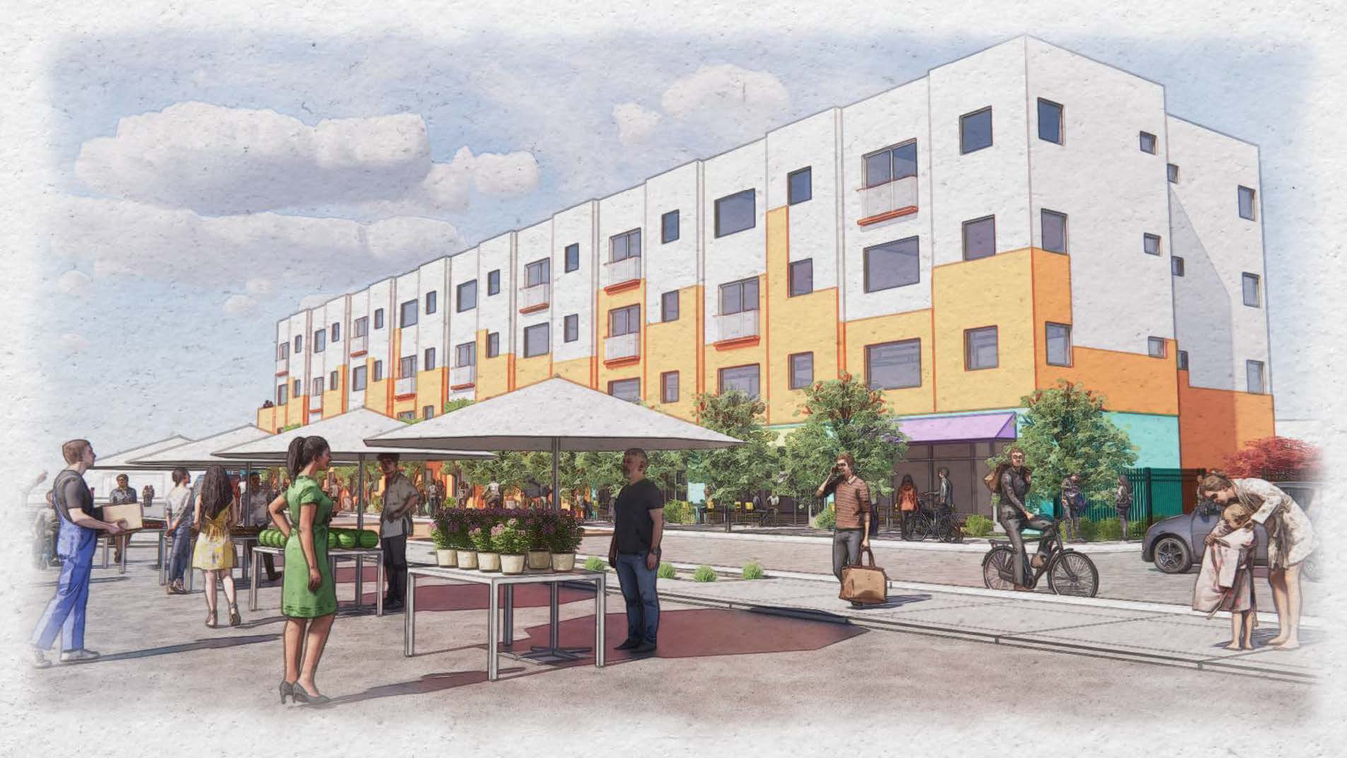 Illustration of four-story apartment building with colorful facade. Across the street are street vendors and people milling about.