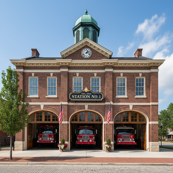 Brick firehouse with garage doors open showing 3 red trucks